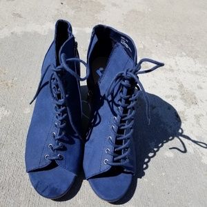 Report Blue Suede Open Toe Heels that Lace and Zip